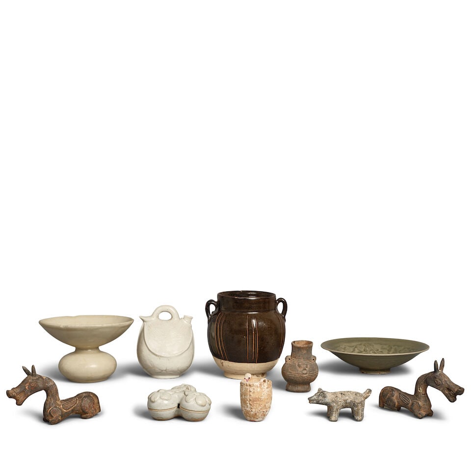 TEN CERAMIC VESSELS AND FIGURES The white spittoon 10th century; the rest 20th century (10) (1 of 1)