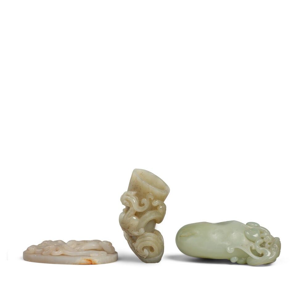 THREE CHILONG-DECORATED GRAY CELADON JADE CARVINGS 20th century (3) (1 of 2)