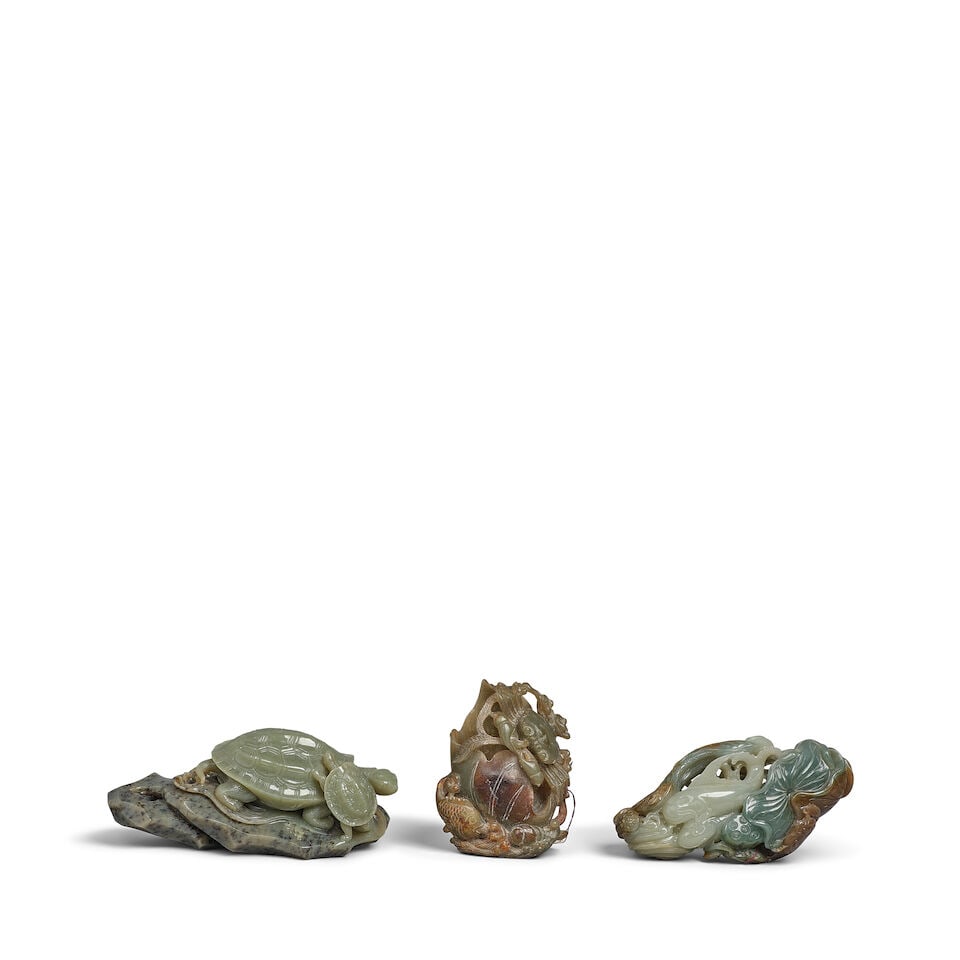 THREE HARDSTONE CARVINGS OF WATER CREATURES AND WATER PLANTS 20th century (3, 2 stands) (1 of 1)