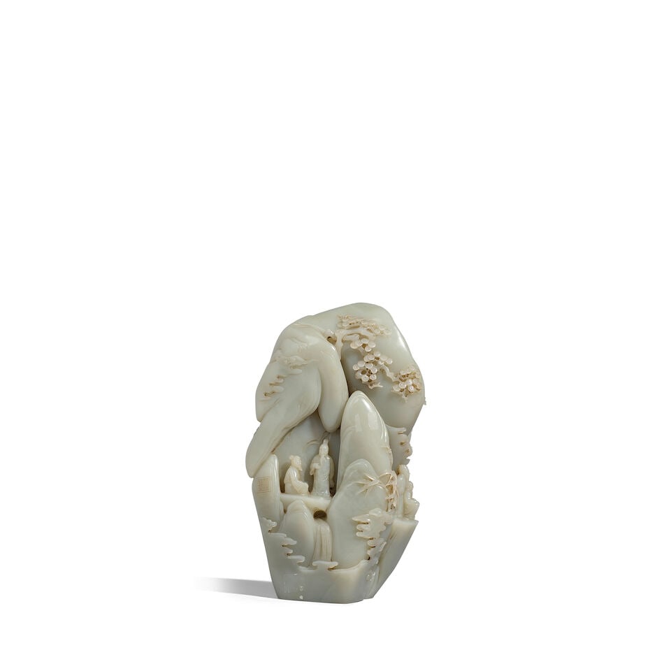 A PALE CELADON JADE 'MOUNTAIN RETREAT' BOULDER 20th century (fitted wood stand) - 2