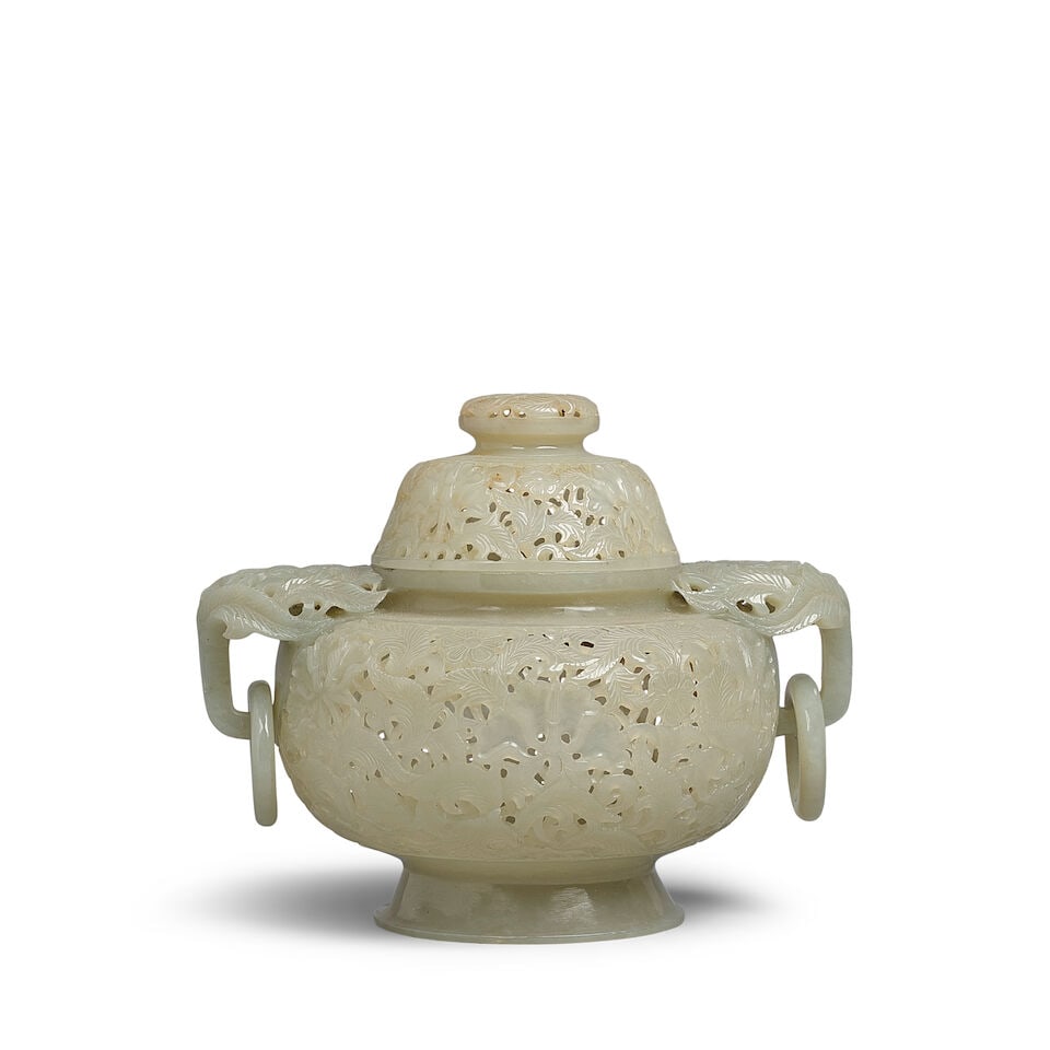 A MUGHAL-STYLE CELADON JADE RETICULATED CENSER AND COVER WITH RING HANDLES 20th century (wood s... - 2
