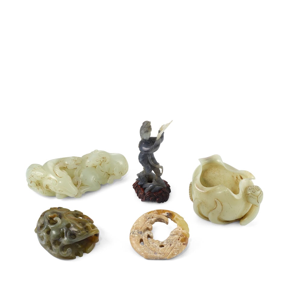FIVE JADE AND HARDSTONE CARVINGS 20th century (5, 2 wood stands and 1 velvet stand) (1 of 1)