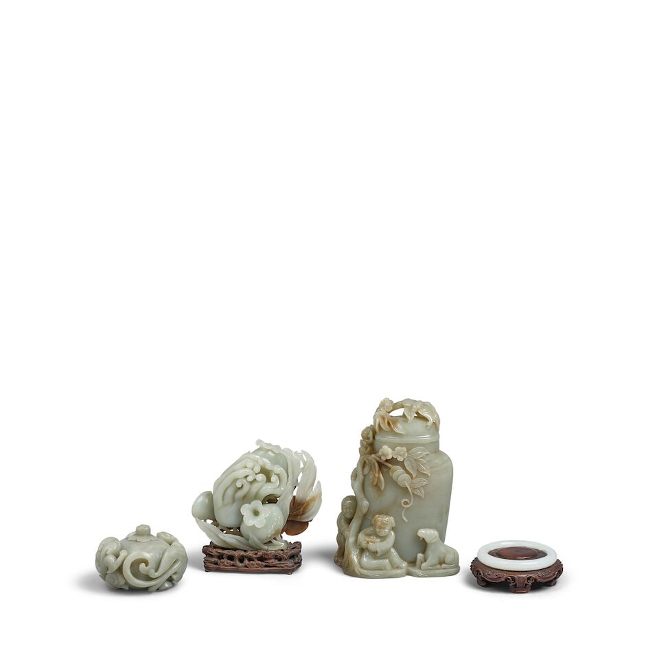 THREE CELADON JADE CARVINGS OF VESSELS 20th century (3, together with a jade ring and wood stands) (1 of 1)