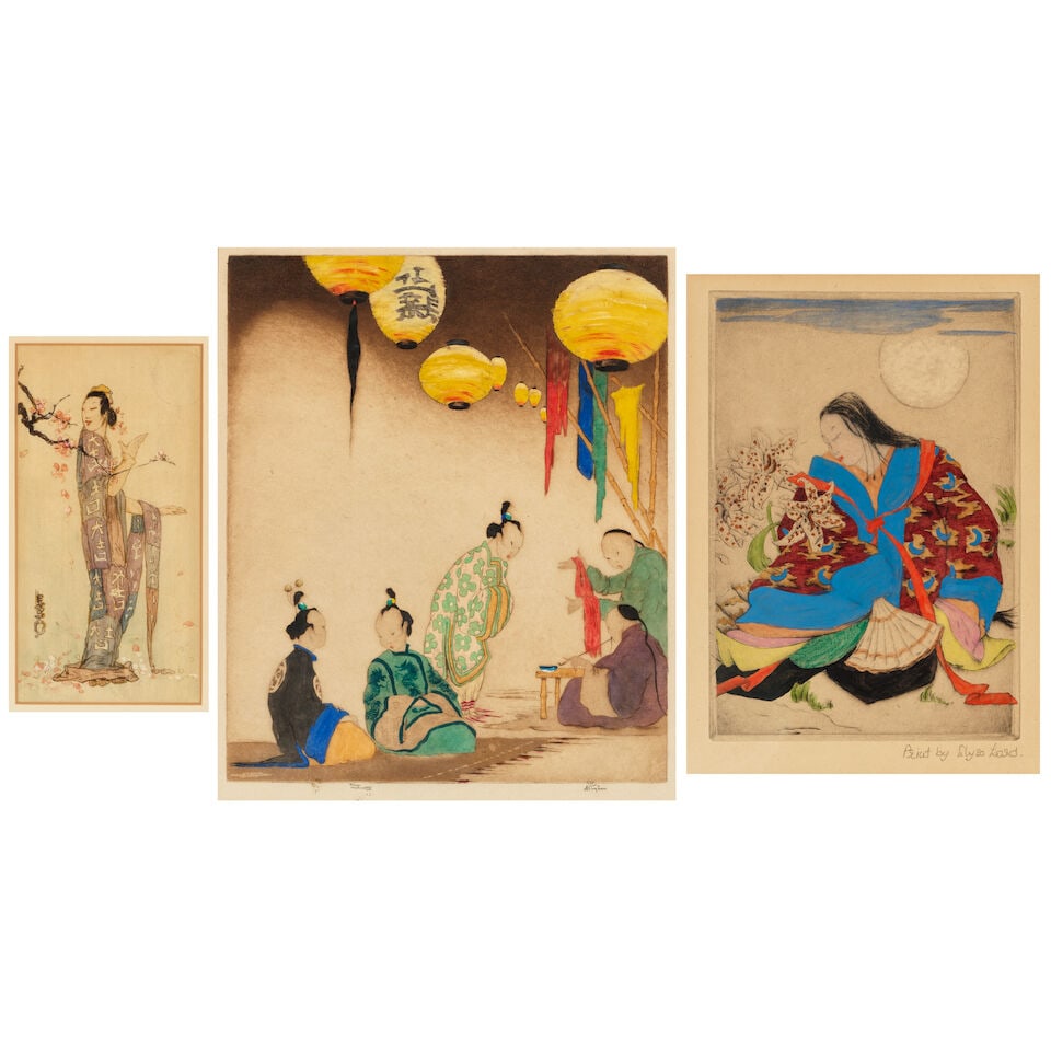 NINE JAPANESE SUBJECT HAND-COLORED PRINTS Elyse Ashe Lord (1900-1971) (9, framed): NINE JAPANESE SUBJECT HAND-COLORED PRINTS Elyse Ashe Lord (1900-1971) The largest 18 1/4h x 12w in (46.4h x 34.5w cm); with frame 20 1/2h x 26 1/2w in (52h x 67.3w cm) (9, framed). Footnotes: Elyse As