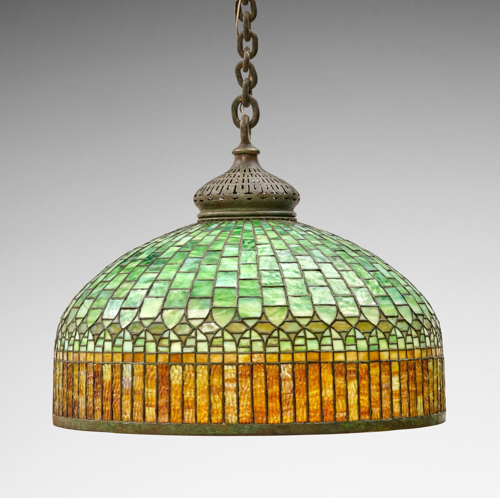 TIFFANY STUDIOS (1885-1930) 'Curtain Border' Hanging Lampcirca 1910leaded glass, patinated bronz... (1 of 1)