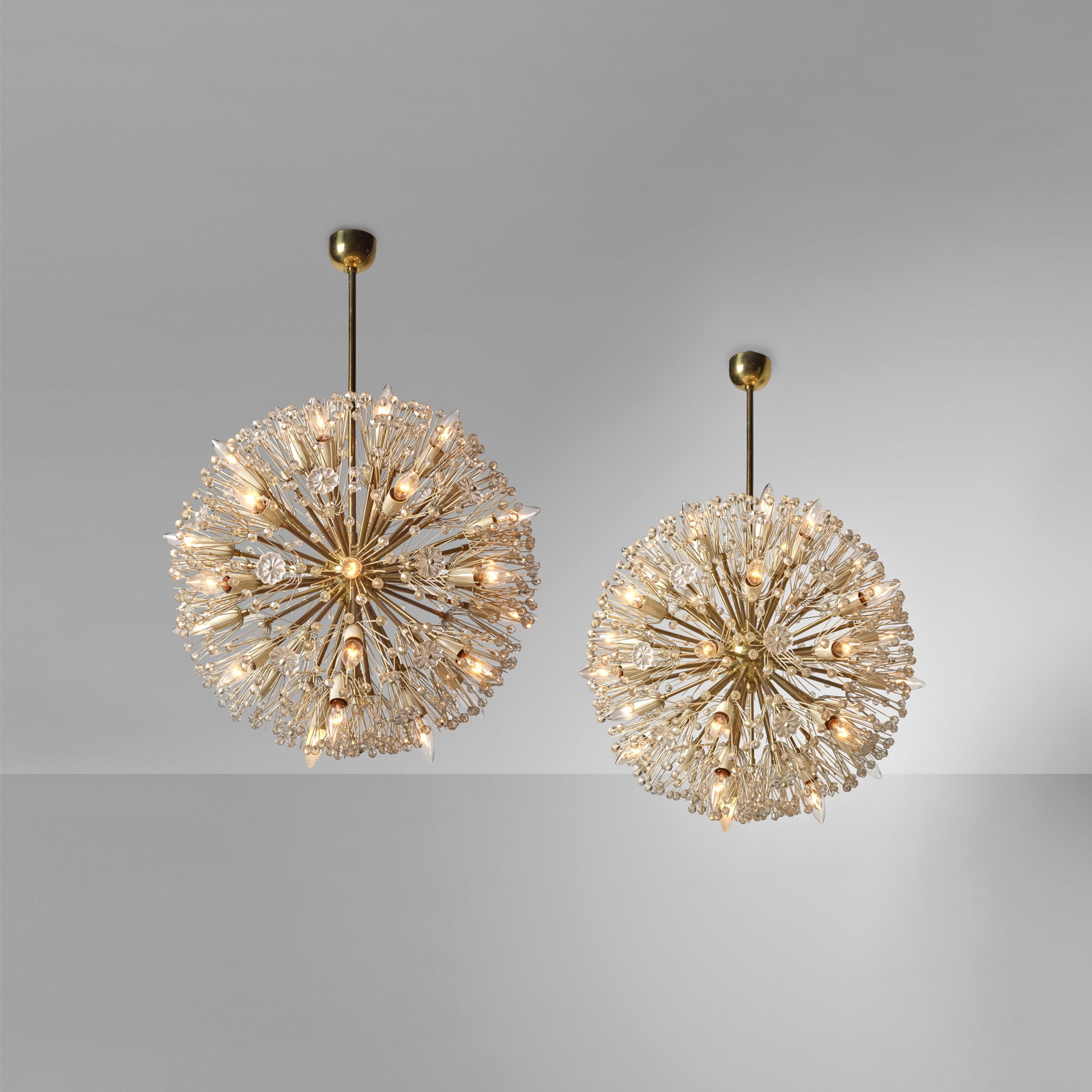 EMIL STENJNAR (BORN 1939) Pair of Chandelierscirca 1965for Rupert Nikoll, brass, glass, enameled... (1 of 1)