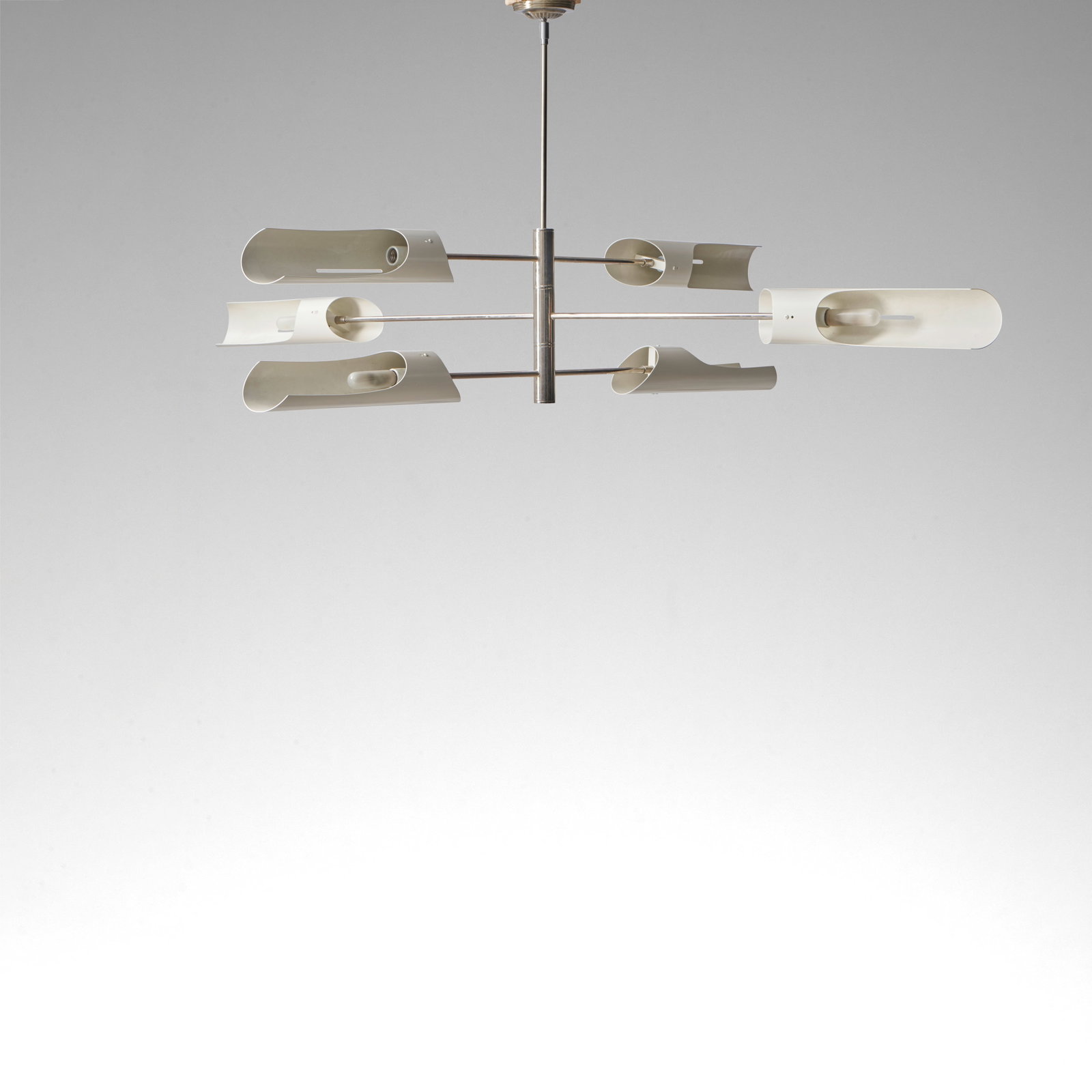 DAVID WEEKS STUDIO (EST 1996) 'Torroja' Three-tiered Pendant Lightcirca 2010chromed steel, powde...: DAVID WEEKS STUDIO (EST 1996) 'Torroja' Three-tiered Pendant Light circa 2010 chromed steel, powder-coated aluminum, six sockets, hardwired height 14in (35.5cm); diameter 75in (190.5cm); drop 31in (79