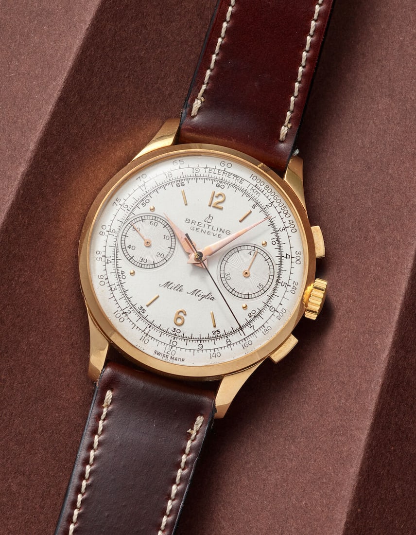 BREITLING, GIFTED BY ENZO FERRARI TO LUIGI 'GIGI' VILLORESI. AN 18K GOLD MANUAL WIND CHRONOGRAPH... (1 of 5)