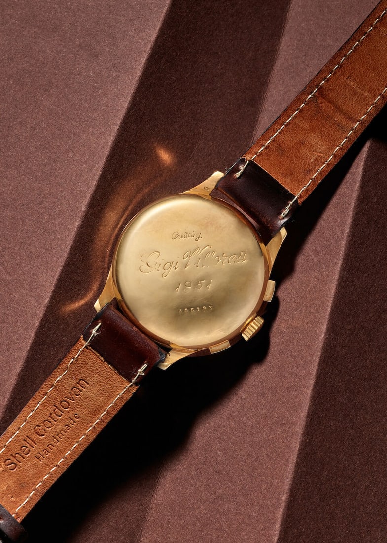 BREITLING, GIFTED BY ENZO FERRARI TO LUIGI 'GIGI' VILLORESI. AN 18K GOLD MANUAL WIND CHRONOGRAPH... - 2