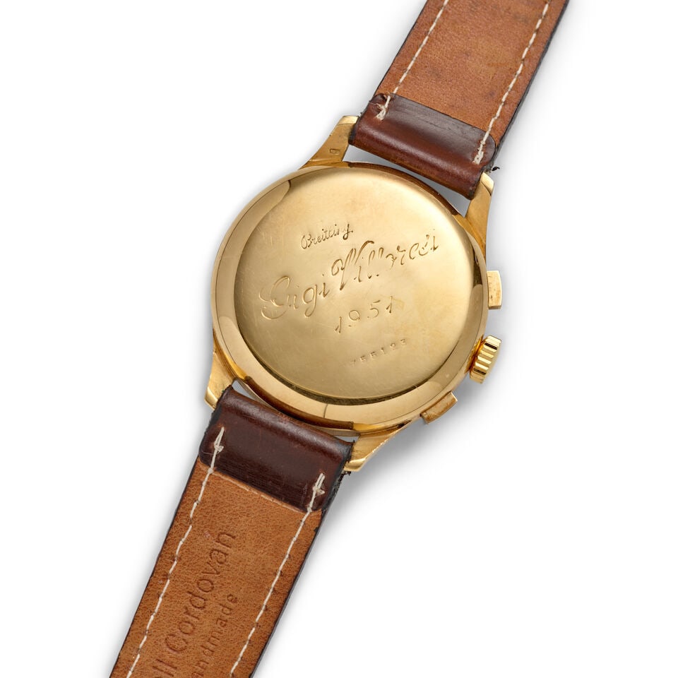 BREITLING, GIFTED BY ENZO FERRARI TO LUIGI 'GIGI' VILLORESI. AN 18K GOLD MANUAL WIND CHRONOGRAPH... - 4
