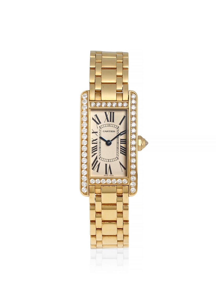 CARTIER. AN 18K GOLD AND DIAMOND SET QUARTZ BRACELET WATCH Tank Americane, Ref: 2482, c. 2000s (1 of 2)
