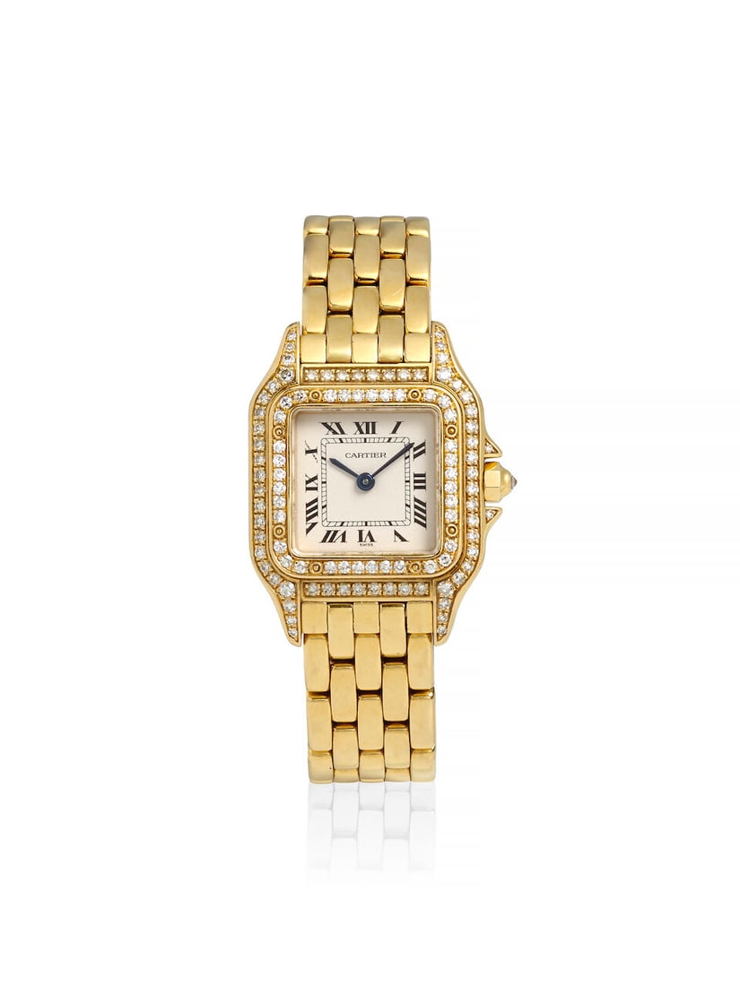 CARTIER. AN 18K GOLD AND DIAMOND SET QUARTZ BRACELET WATCH Panthère, Ref: 1280, c. 1995 (1 of 2)