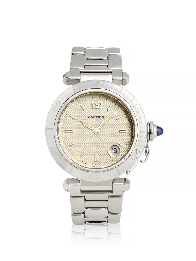 CARTIER. A STAINLESS STEEL AUTOMATIC CALENDAR BRACELET WATCH Pasha, Ref: 1040, c. 2000s (1 of 2)