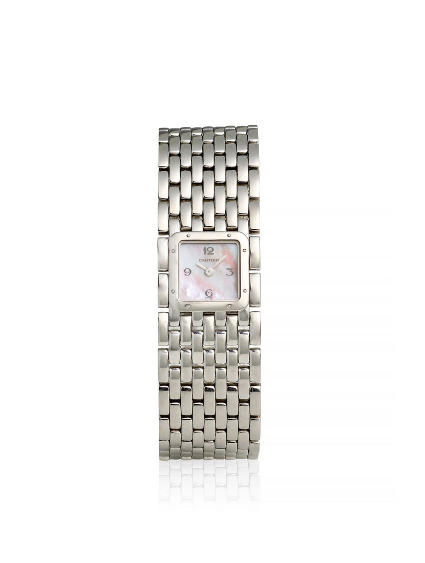CARTIER. A STAINLESS STEEL QUARTZ BRACELET WATCH WITH MOTHER OF PEARL DIAL Panthère Ruban ,...: CARTIER. A STAINLESS STEEL QUARTZ BRACELET WATCH WITH MOTHER OF PEARL DIAL Model: Panthère Ruban Reference: 2420 Date: c. 2000s Movement: Cal. 201, 4-jewel quartz Dial: Mother of pearl Case: Squa