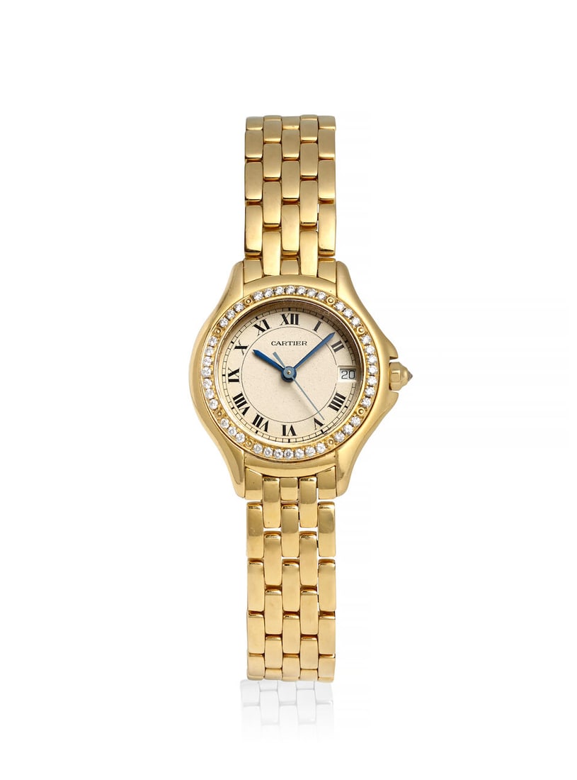CARTIER. AN 18K GOLD AND DIAMOND SET QUARTZ CALENDAR BRACELET WATCH Cougar, Ref: 887907, c. 1990s: CARTIER. AN 18K GOLD AND DIAMOND SET QUARTZ CALENDAR BRACELET WATCH Model: Cougar Reference: 887907 Date: c. 1990s Movement: Cal. 687, 7-jewel quartz Dial: White Case: Tonneau form, case back secured 
