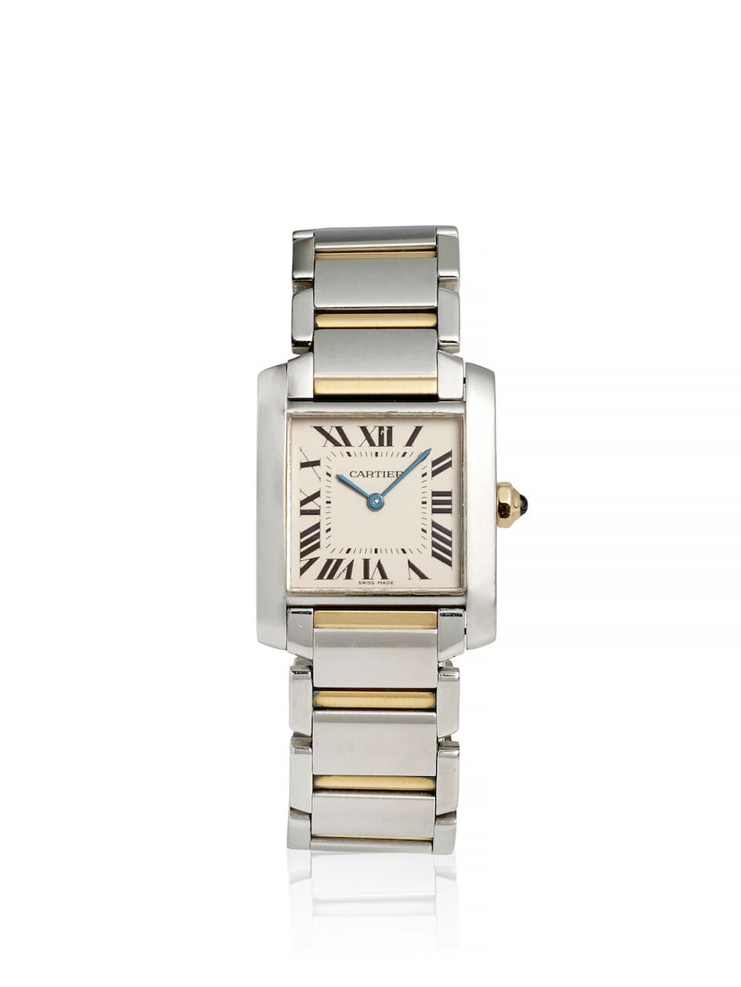 CARTIER. A STAINLESS STEEL AND 18K GOLD QUARTZ BRACELET WATCH Tank Française, Ref: 2301, c.... (1 of 2)