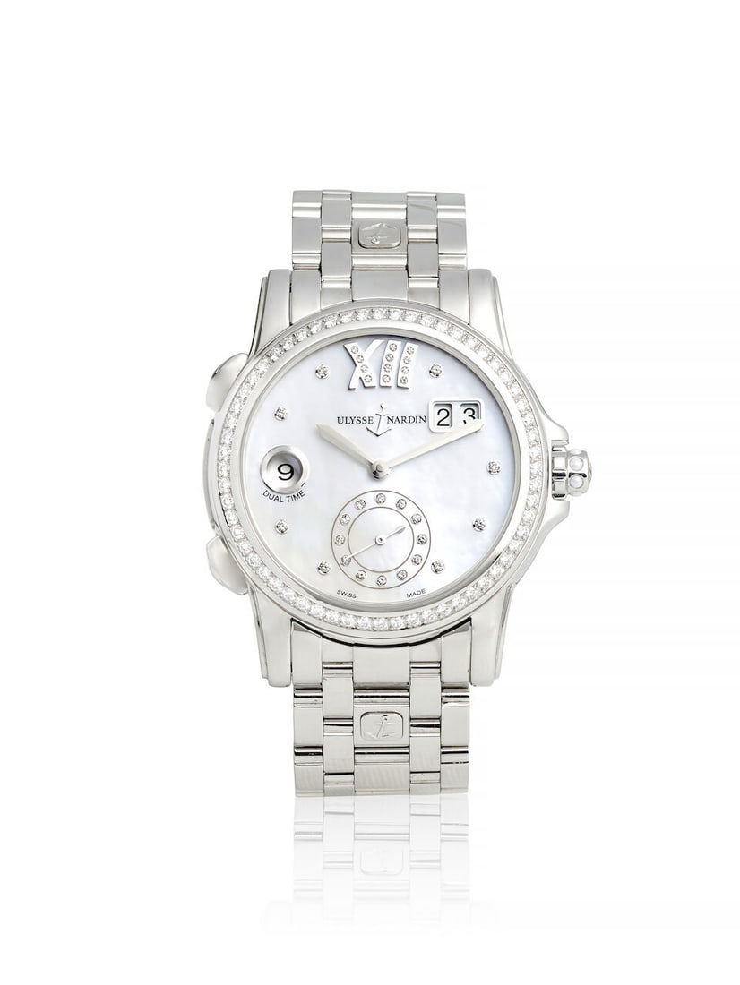 ULYSSE NARDIN. A STAINLESS STEEL AUTOMATIC CALENDAR BRACELET WATCH WITH MOTHER OF PEARL DIAL AND...: ULYSSE NARDIN. A STAINLESS STEEL AUTOMATIC CALENDAR BRACELET WATCH WITH MOTHER OF PEARL DIAL AND DUAL TIME DISPLAY Model: Dual Time Reference: 3343-22 Date: c. 2010s Movement: Cal. UN-334, 49-jewel au