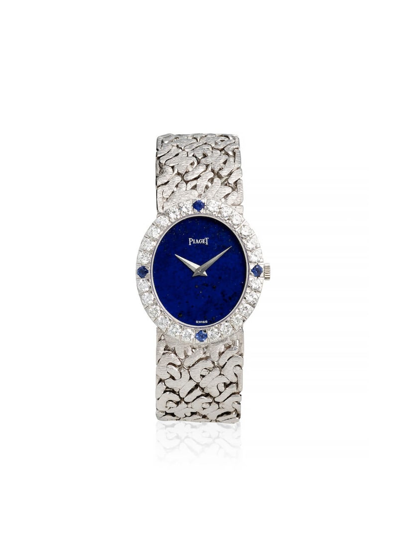 PIAGET. AN 18K WHITE GOLD, SAPPHIRE AND DIAMOND SET MANUAL WIND BRACELET WATCH Ref: 9814 N66, c.... - 4