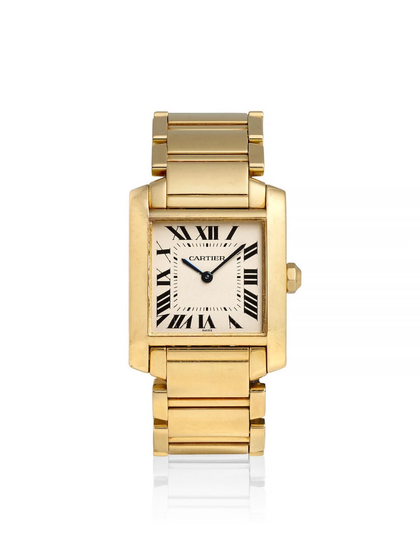 CARTIER. AN 18K GOLD QUARTZ BRACELET WATCH Tank Française, Ref: 1821, c. 1998: CARTIER. AN 18K GOLD QUARTZ BRACELET WATCH Model: Tank Française Reference: 1821 Date: c. 1998 Movement: Cal. 157, 4-jewel quartz Dial: Silvered Case: Rectangular, case back secured by 4 screws,