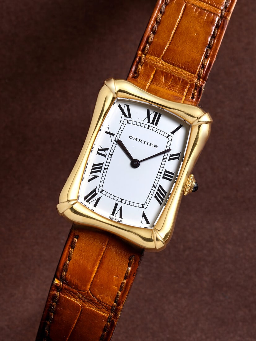 CARTIER. A FINE AND RARE 18K GOLD MANUAL WIND WRISTWATCH Coussin 'Bamboo', Ref: 78102, c. 1970s (1 of 4)