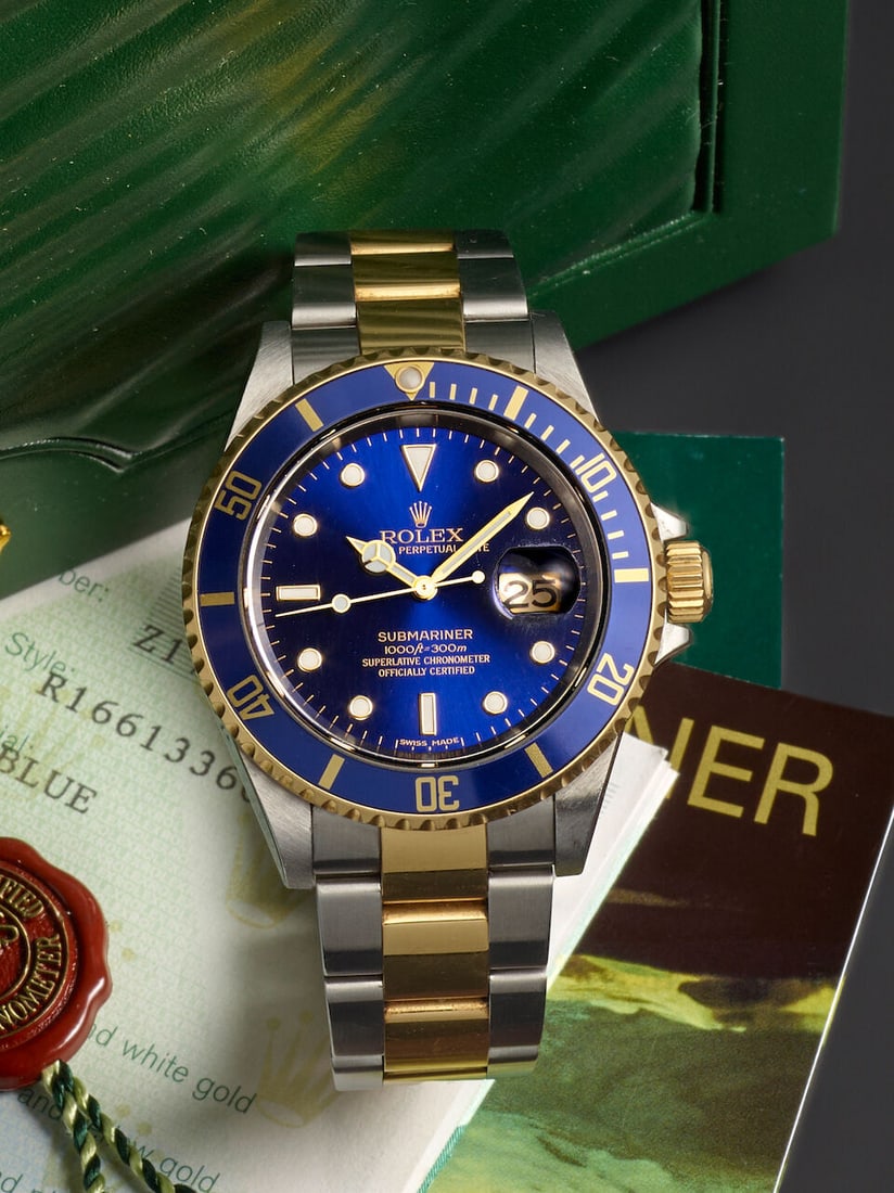ROLEX. A STAINLESS STEEL AND GOLD AUTOMATIC CALENDAR BRACELET WATCH Submariner, Ref: 16613, Purc... (1 of 4)