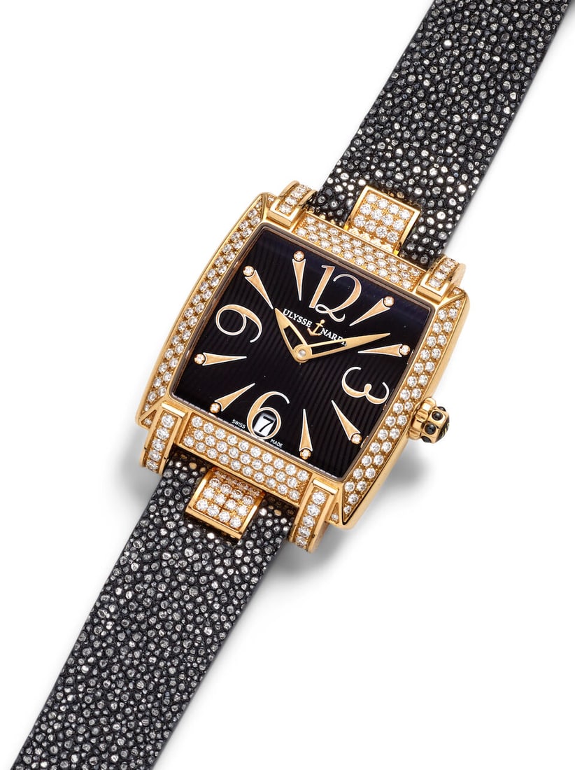 ULYSSE NARDIN. AN 18K ROSE GOLD AND DIAMOND SET AUTOMATIC CALENDAR WRISTWATCH Caprice, Ref: 136-...: ULYSSE NARDIN. AN 18K ROSE GOLD AND DIAMOND SET AUTOMATIC CALENDAR WRISTWATCH Model: Caprice Reference: 136-91 Date: c. 2005 Movement: Cal. UN-013, 21-jewel automatic Dial: Black Case: Square, case ba