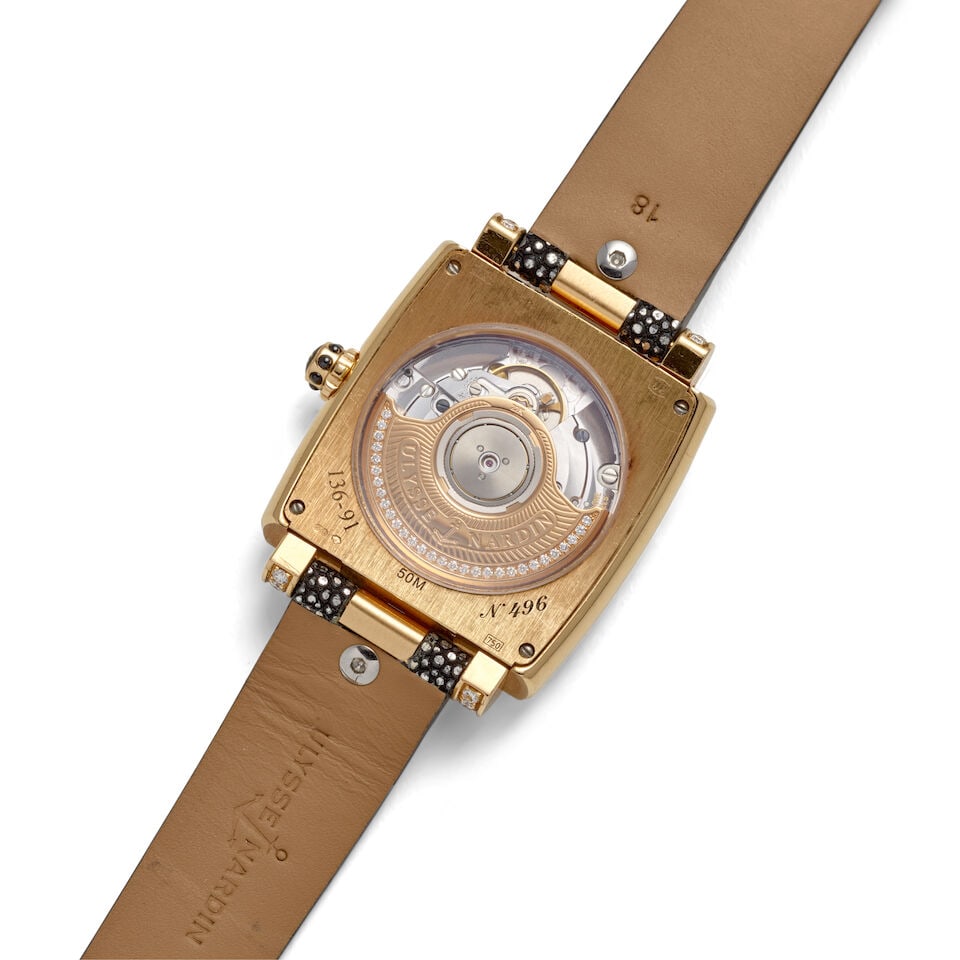 ULYSSE NARDIN. AN 18K ROSE GOLD AND DIAMOND SET AUTOMATIC CALENDAR WRISTWATCH Caprice, Ref: 136-... - 2