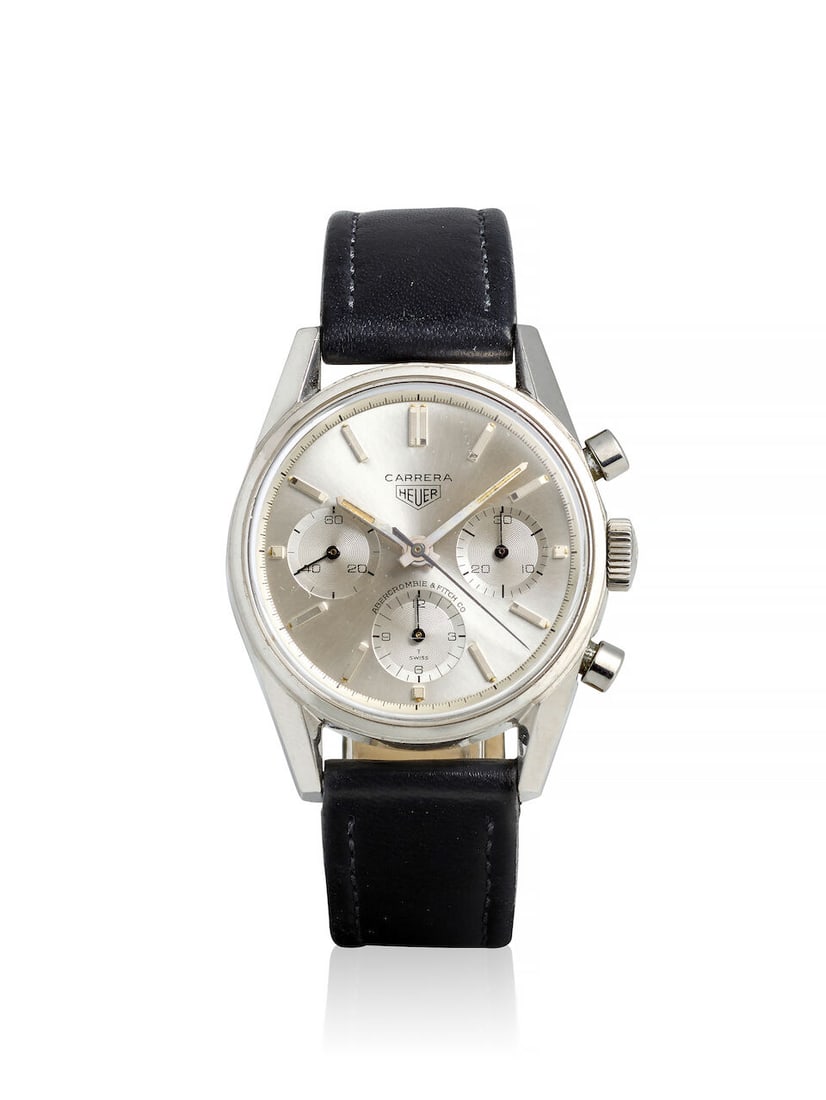 HEUER, RETAILED BY ABERCROMBIE & FITCH. A STAINLESS STEEL MANUAL WIND CHRONOGRAPH WRISTWATCH Car... (1 of 2)