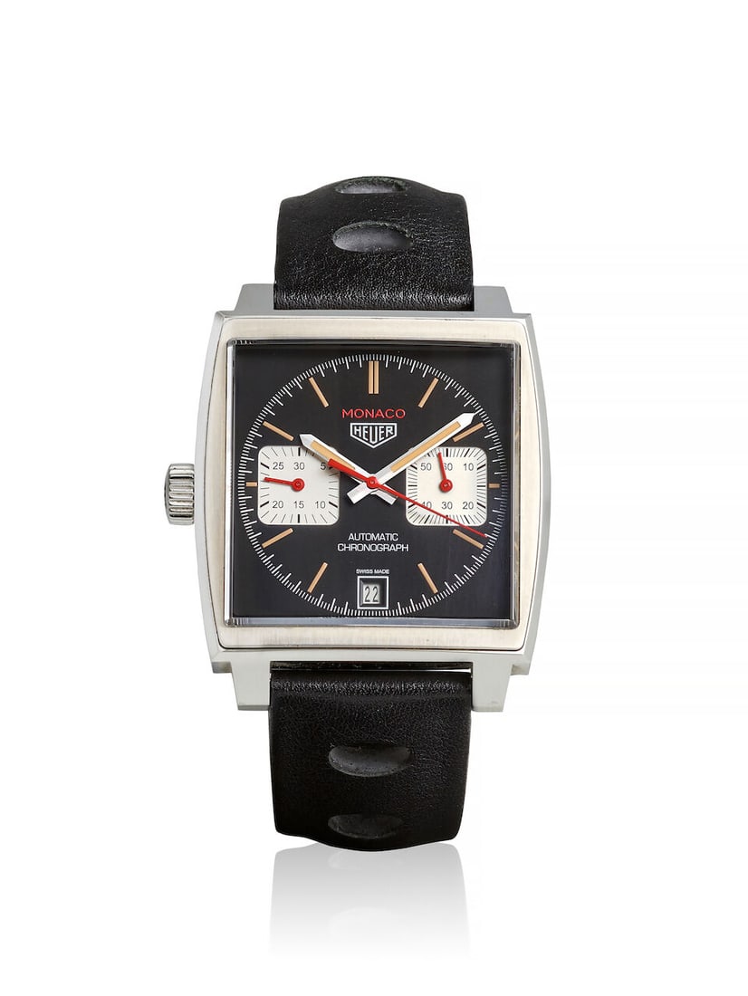 TAG HEUER. A STAINLESS STEEL AUTOMATIC CALENDAR CHRONOGRAPH WRISTWATCH Monaco 'France Edition', ... (1 of 3)