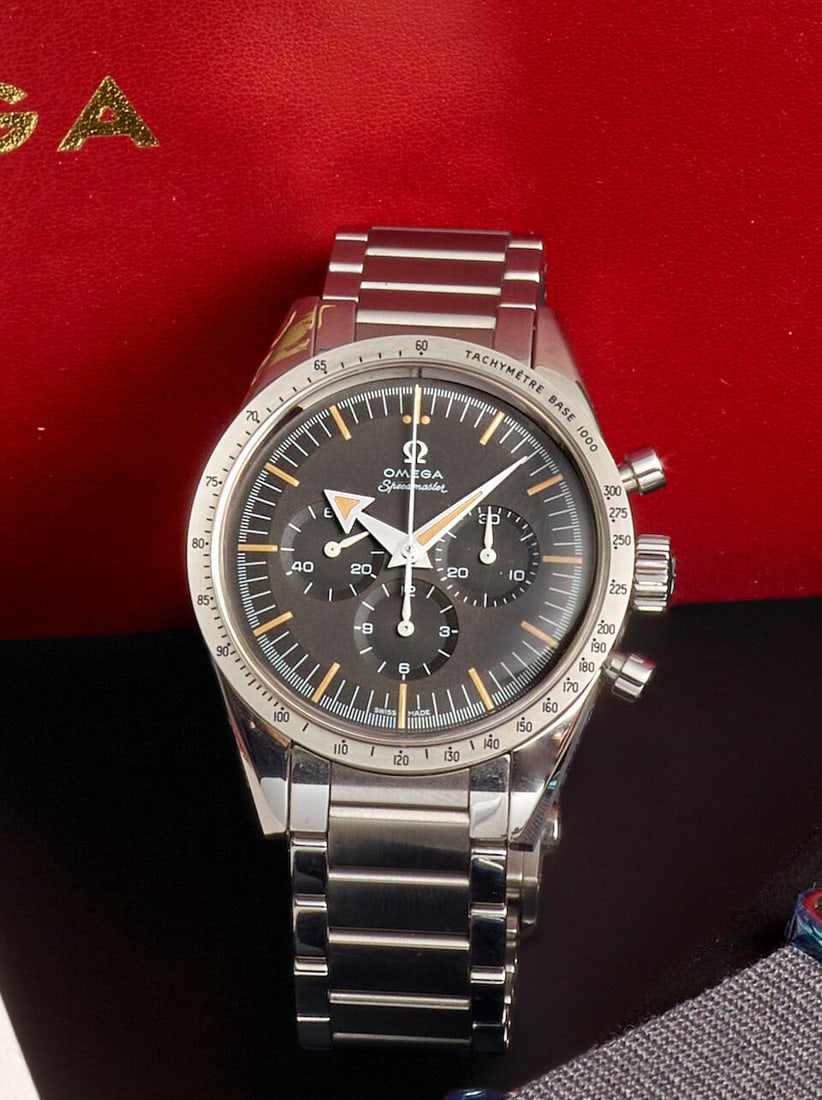 OMEGA. A LIMITED EDITION STAINLESS STEEL MANUAL WIND CHRONOGRAPH BRACELET WATCH Speedmaster '195... (1 of 4)