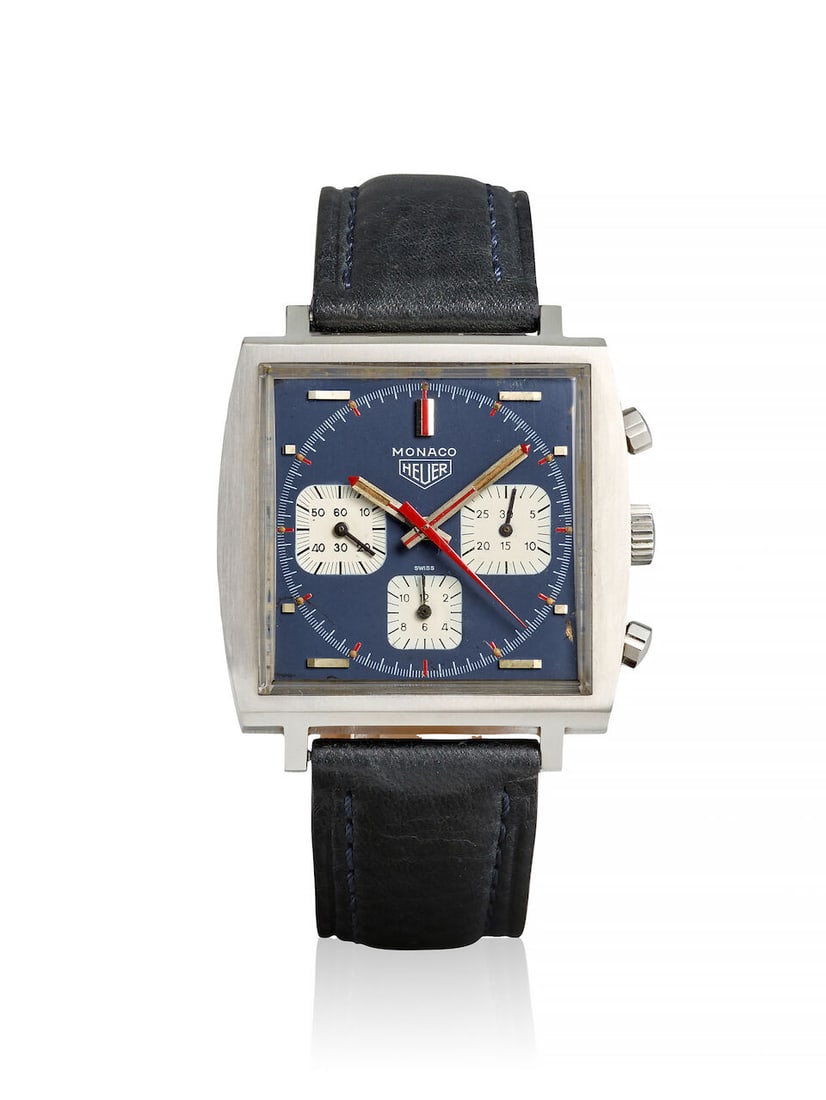 HEUER. A STAINLESS STEEL MANUAL WIND CALENDAR CHRONOGRAPH WRISTWATCH Monaco, Ref: 73633 B, c. 1972: HEUER. A STAINLESS STEEL MANUAL WIND CALENDAR CHRONOGRAPH WRISTWATCH Model: Monaco Reference: 73633 B Date: c. 1972 Movement: Cal. Valjoux 7736, 17-jewel manual wind Dial: Blue Case: Square, snap on