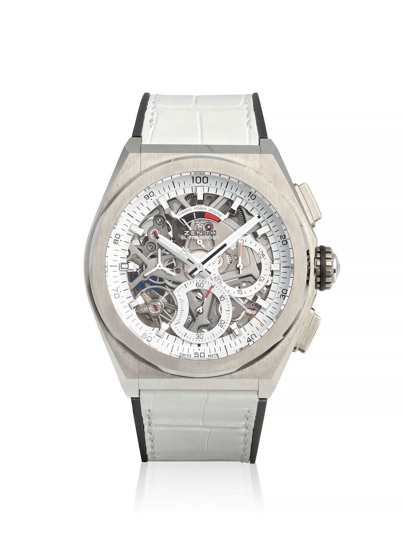 ZENITH. A TITANIUM AUTOMATIC SKELETONIZED CHRONOGRAPH WRISTWATCH El Primero 21, Ref: 95.9003.900...: ZENITH. A TITANIUM AUTOMATIC SKELETONIZED CHRONOGRAPH WRISTWATCH Model: El Primero 21 Reference: 95.9003.9004/78.R588 Date: Purchased 25th April, 2020 Movement: Cal. 9004, 53-jewel automatic, no. 6165