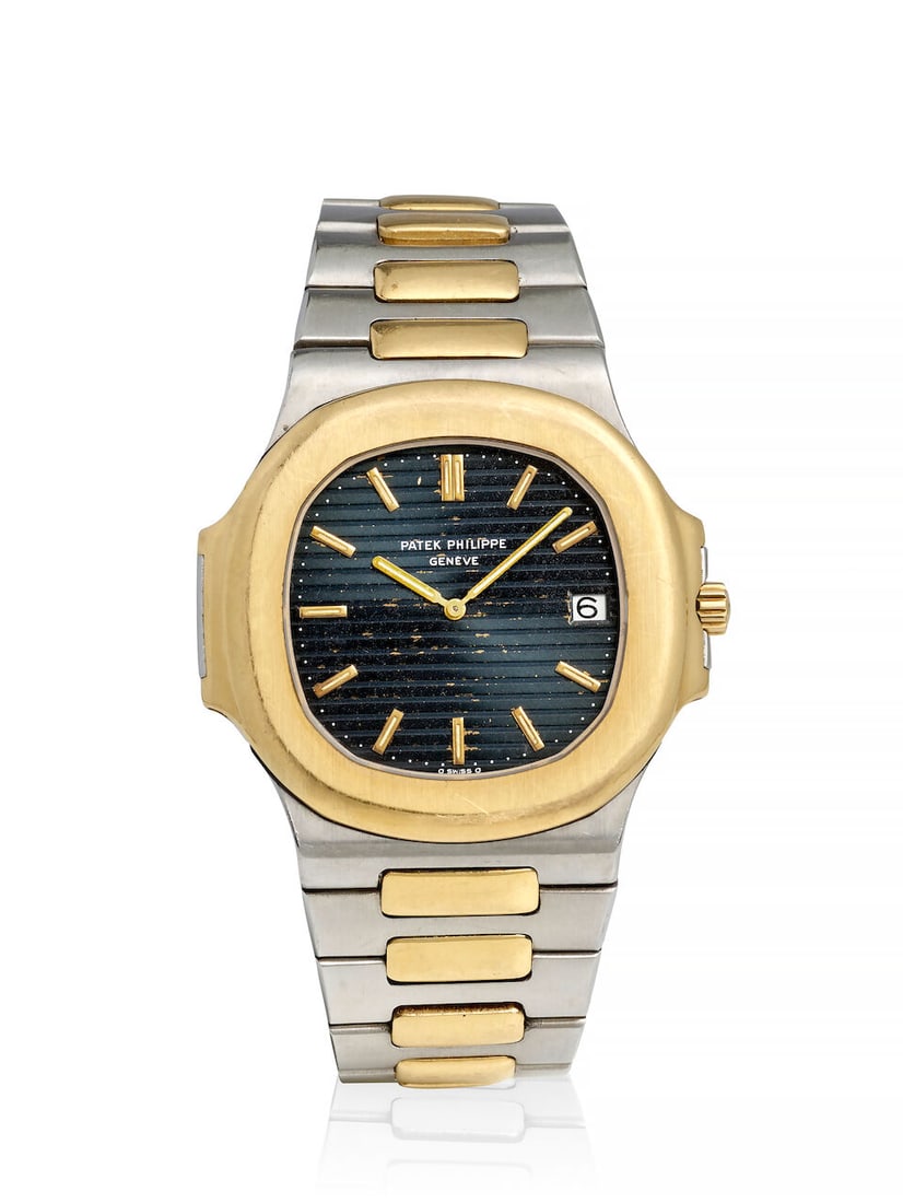 PATEK PHILIPPE. AN 18K GOLD AND STAINLESS STEEL AUTOMATIC CALENDAR BRACELET WATCH Nautilus 'Jumb... (1 of 2)