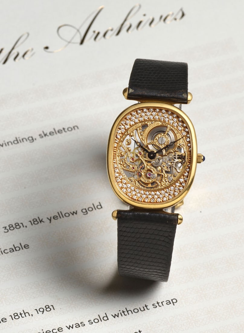 PATEK PHILIPPE. A FINE 18K GOLD MANUAL WIND SKELETONZIED WRISTWATCH Ellipse, Ref: 3881, Purchase... (1 of 6)