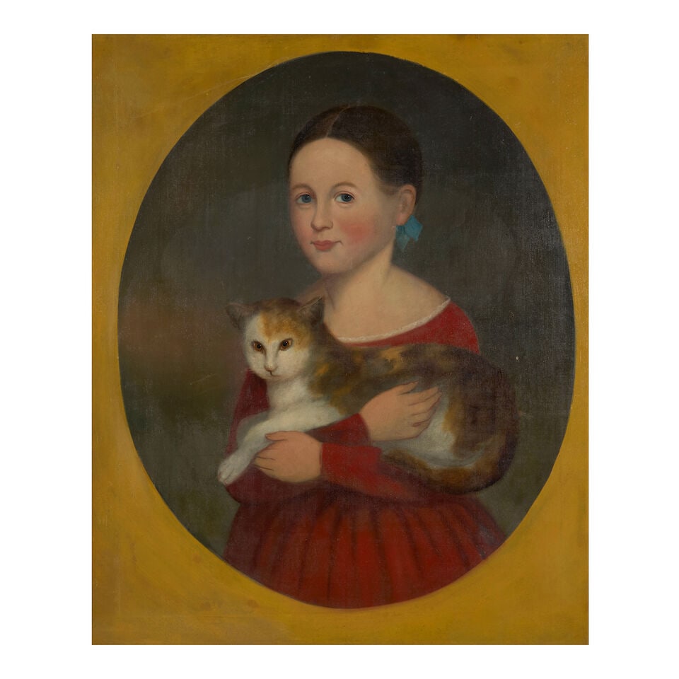 Attributed to Joseph Whiting Stock (American, 1815-1855) Portrait of a Girl and Cat, possibly Re... - 3