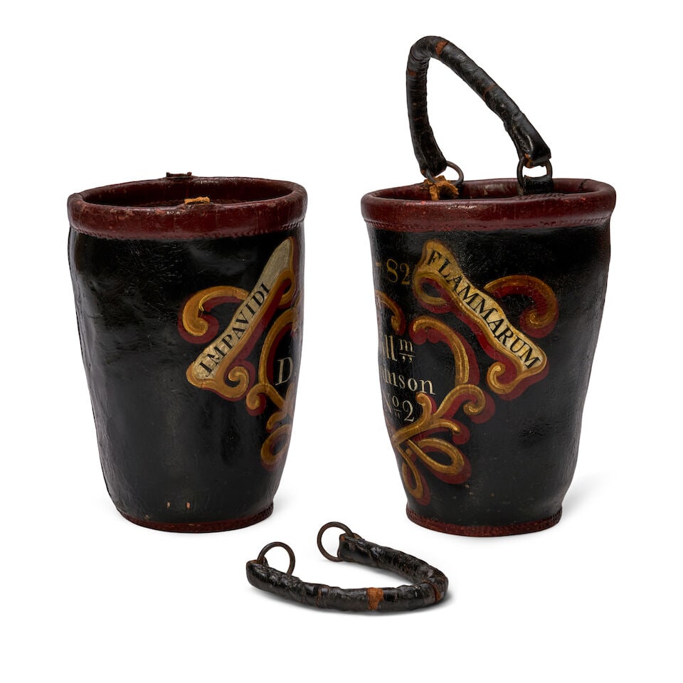 A Pair of Will'm Donnison Painted Leather Fire Buckets John Fenno, Jr. (1732-1812), Boston, Mass... - 2