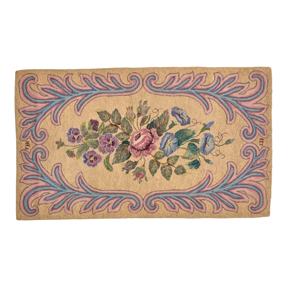 Fine Pastel Flower and Scroll Hooked Rug Elinor Chace Larson (1908-89), North Scituate, Rhode Is... - 2