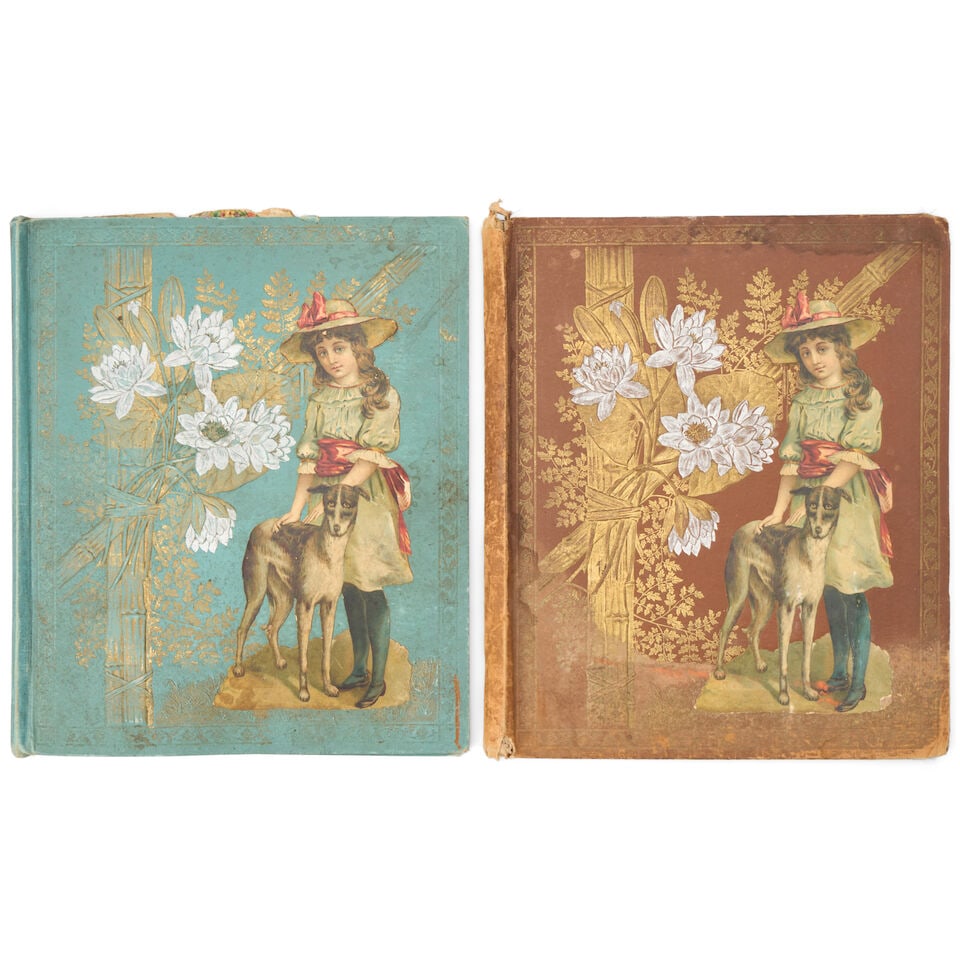 Two Patent Scrapbooks United States, 1876 and later: Two Patent Scrapbooks United States, 1876 and later Each with matching embossed and collage decorated covers, impressed 'PAT MARCH 1876' on back, the pages arranged with variety of cut and pasted lith