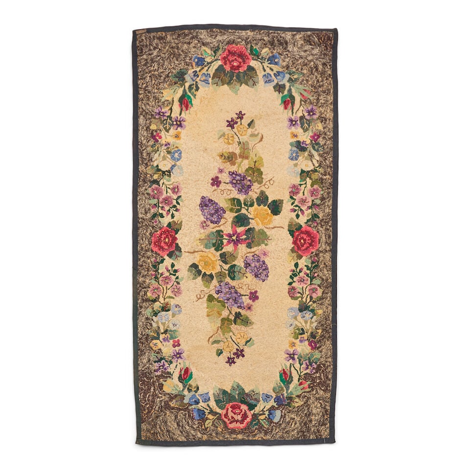 Floral Hooked Rug with Marbled Border Elinor Chace Larson (1908-89), North Scituate, Rhode Islan... - 2