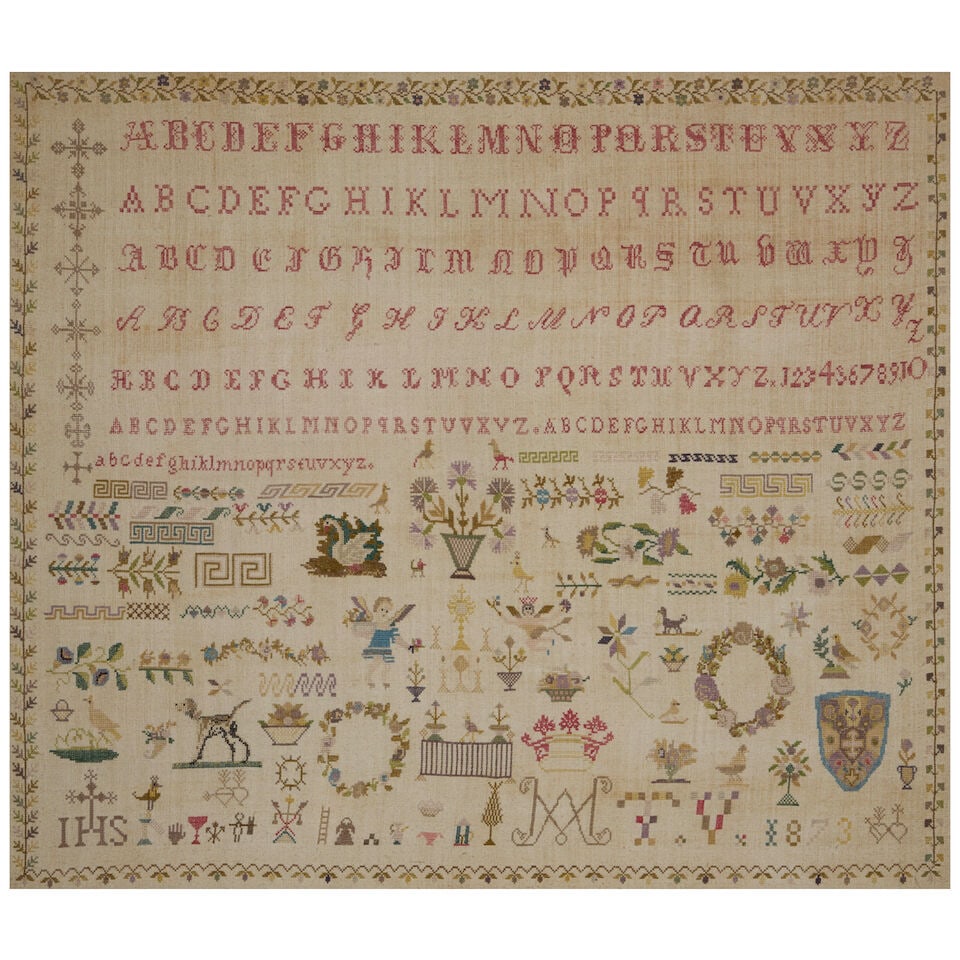 Framed Pictorial Cross Stitch Sampler possibly Midwestern United States, 1873 - 2