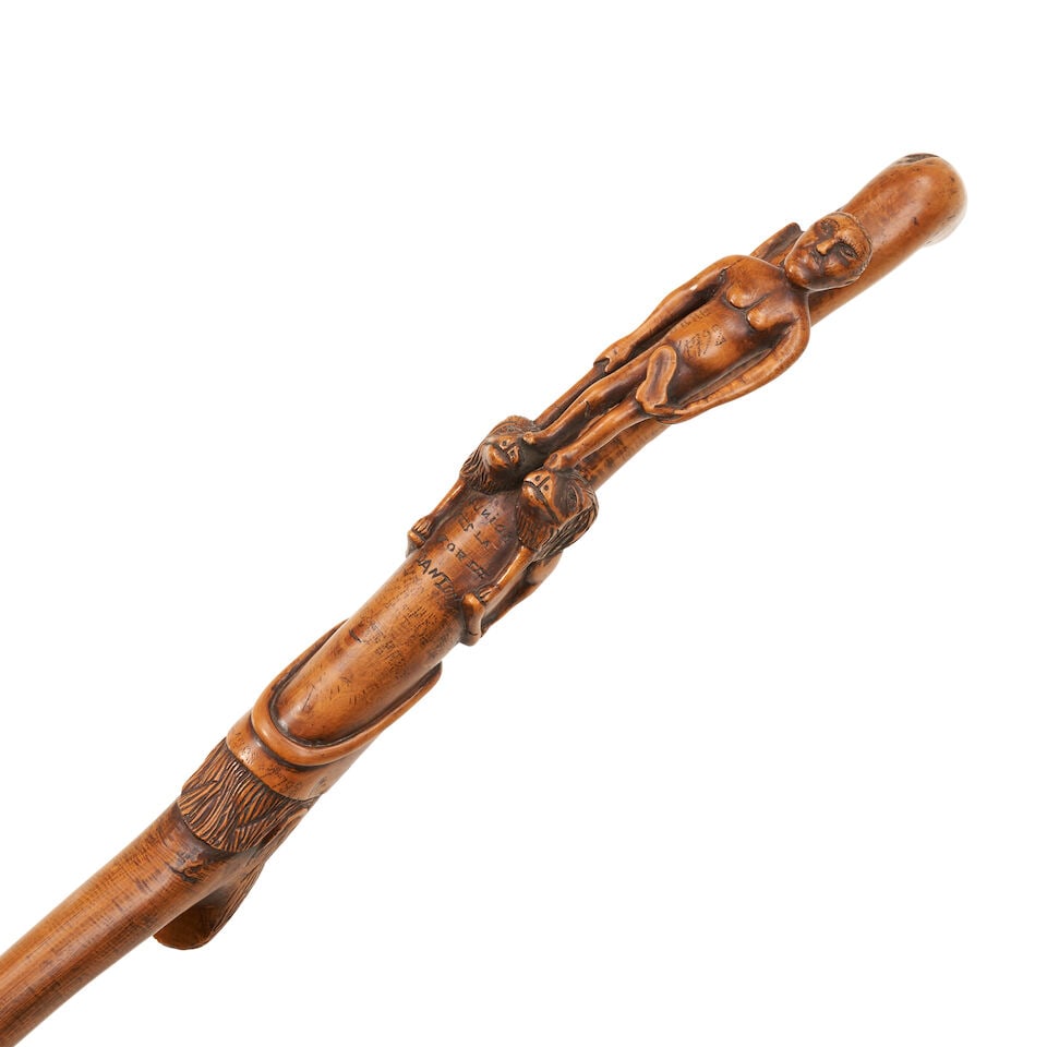 Unusual Carved Boxwood Cane with Thumb Handle and Revolutionary Figures France, c. 1880 - 2