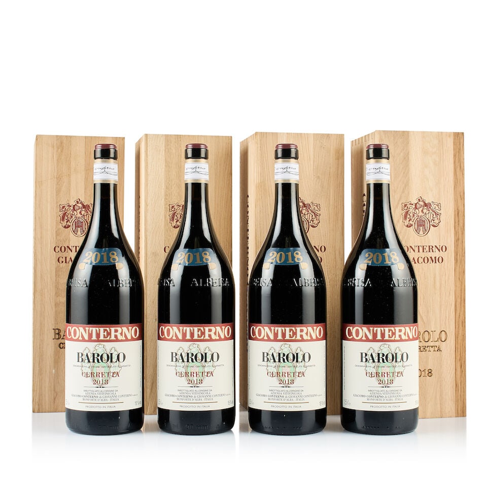 Giacomo Conterno, Barolo, Cerretta, 2018 (4 x Magnum): Giacomo Conterno, Barolo, Cerretta, 2018 (4 x Magnum) Region: Piedmont Fill Level: excellent Capsule: ok Cork: ok Label: excellent appearance Packaging: 4x individual original wooden case Alcohol Cont