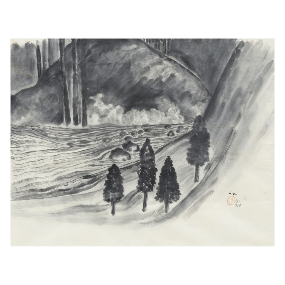 Nandalal Bose (1882-1966) Untitled (Four Trees and a stream): Nandalal Bose (1882-1966) Untitled (Four Trees and a stream) ink on rice paper, framed 36.6 x 46.8cm (14 7/16 x 18 7/16in). Footnotes: Provenance Property from a private collection, USA. Nandalal