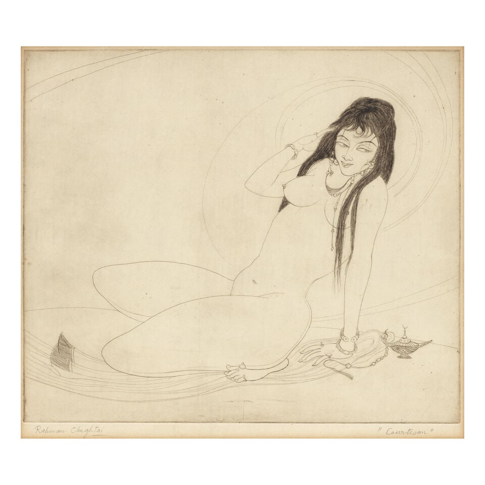 Abdur Rahman Chughtai (1897-1975) Untitled (Courtesan): Abdur Rahman Chughtai (1897-1975) Untitled (Courtesan) 'Rahman Chughtai' lower left and 'Courtesan' lower right etching,framed 29.9 x 34.9cm (11 3/4 x 13 3/4in). Footnotes: Provenance Propert