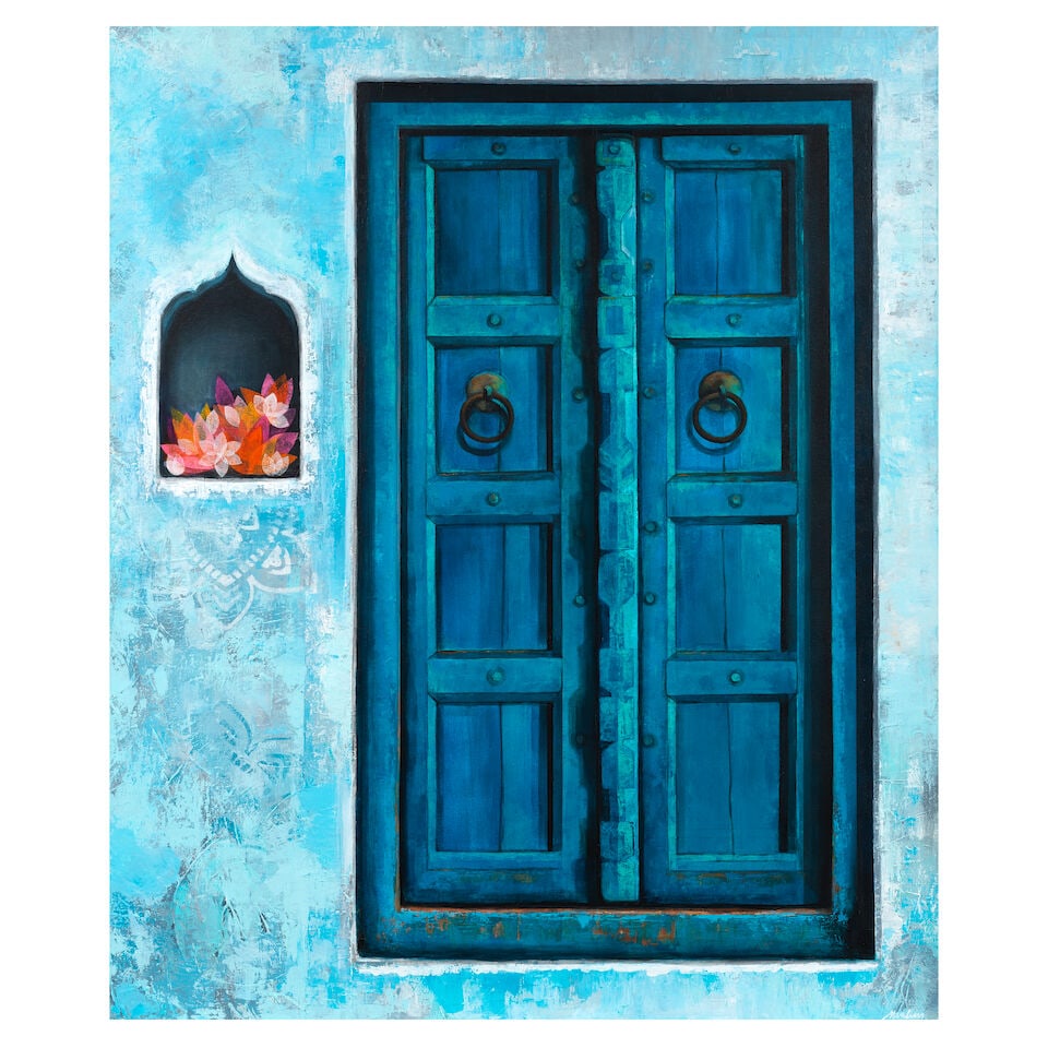Shalini Bharadwaj (B.1973) Lotus & Jasmine: Shalini Bharadwaj (B.1973) Lotus & Jasmine signed 'Shalini' lower right acrylic and Japanese silk tissue paper on canvas, framed 100 x 120cm (39 3/8 x 47 1/4in). Footnotes: Provenance Property from