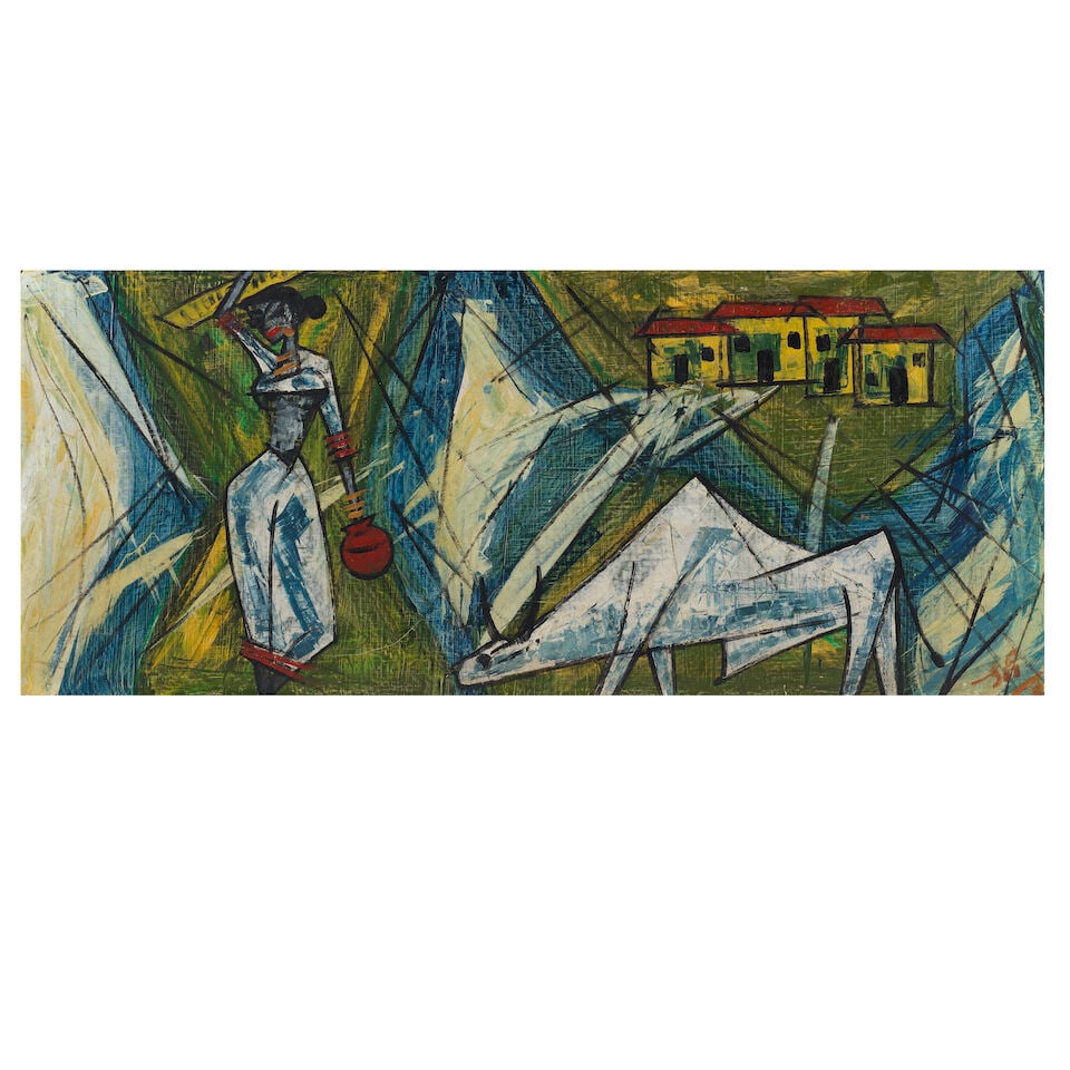 Shrinivas (C.1955) Untitled (Woman, Bull and Houses): Shrinivas (C.1955) Untitled (Woman, Bull and Houses) initialled 'S.R' lower right oil on board, framed 49 x 118.4cm (19 5/16 x 46 5/8in). Footnotes: Provenance Property from a private collection, U