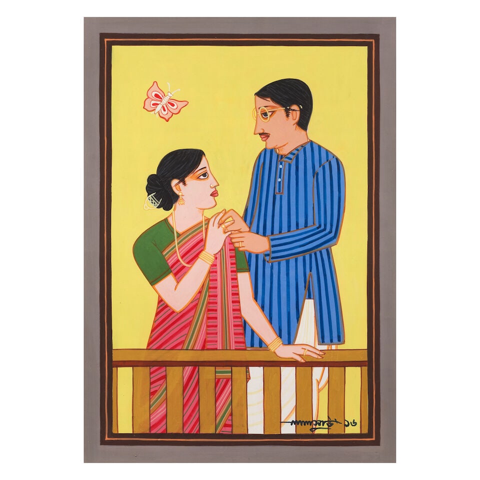 Lalu Prasad Shaw (B.1937) Babu with Biwi: Lalu Prasad Shaw (B.1937) Babu with Biwi signed and dated '2018' in Bengali lower right tempera on board, framed 50 x 35.2cm (19 11/16 x 13 7/8in). Footnotes: Provenance Property from a private col