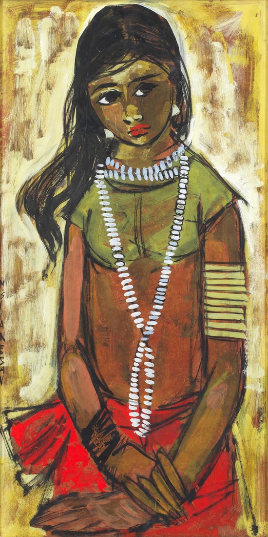 M. Sivanesan (1940-2015) Untitled (Girl): M. Sivanesan (1940-2015) Untitled (Girl) signed 'M Sivanesan' centre left oil on board, framed 58.5 x 29.1cm (23 1/16 x 11 7/16in). Footnotes: Provenance Property from a private collection, London.