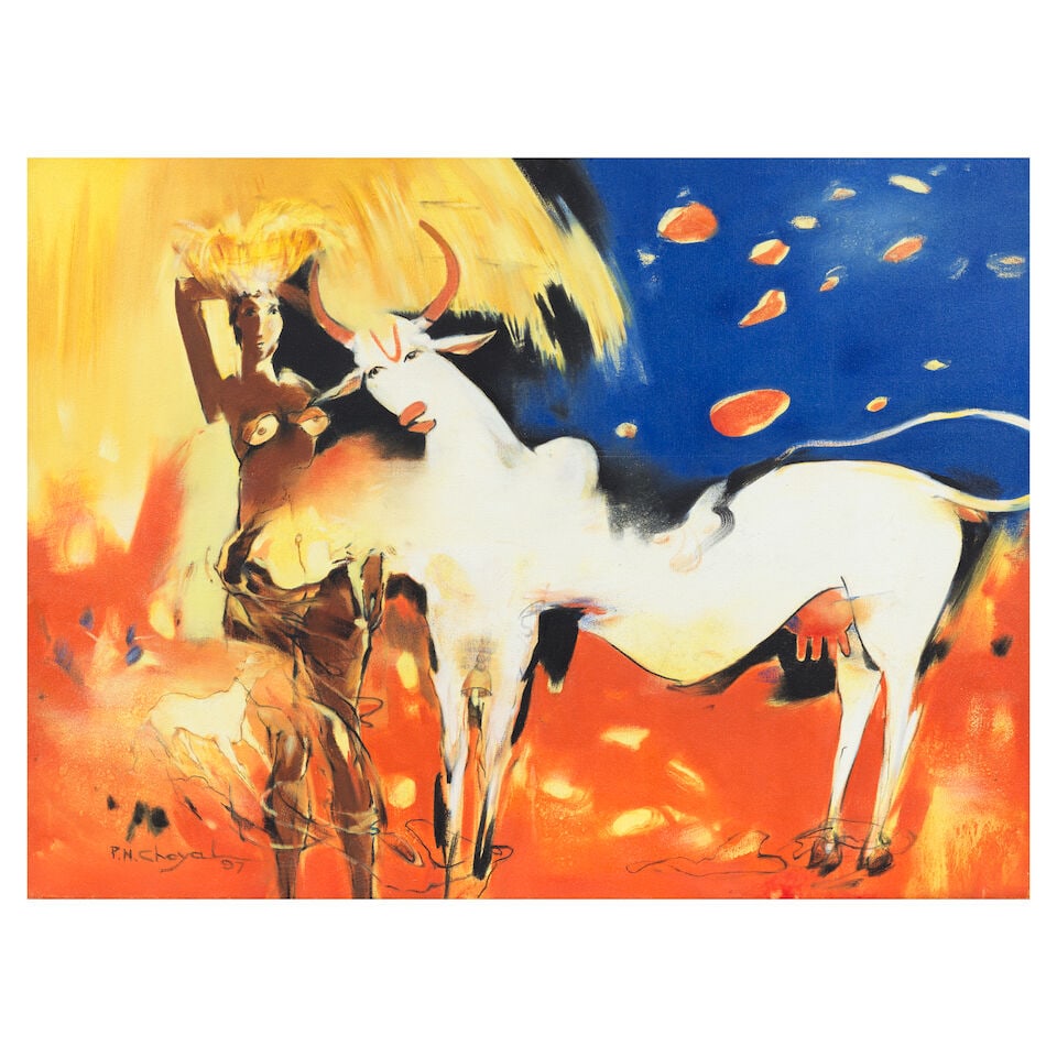 P.N Choyal (1924-2012) Woman & Cow: P.N Choyal (1924-2012) Woman & Cow signed 'P.N. Choyal 97' lower left; titled, artist name and address verso oil on canvas, framed 83.9 x 103.8cm (33 1/16 x 40 7/8in). Footnotes: Provenance Propert