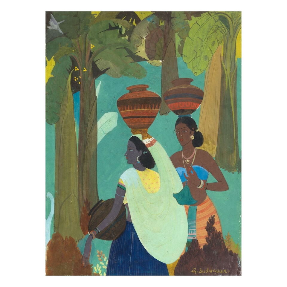 G. Sudarshan (B. Unknown) Untitled (Village Maids) (1 of 3)